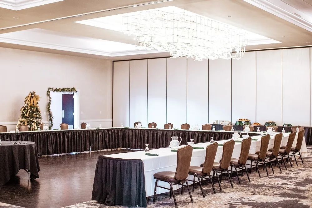 Corporate event room setup in horseshoe shape so board members can have discussions at Kirkbrae country Club