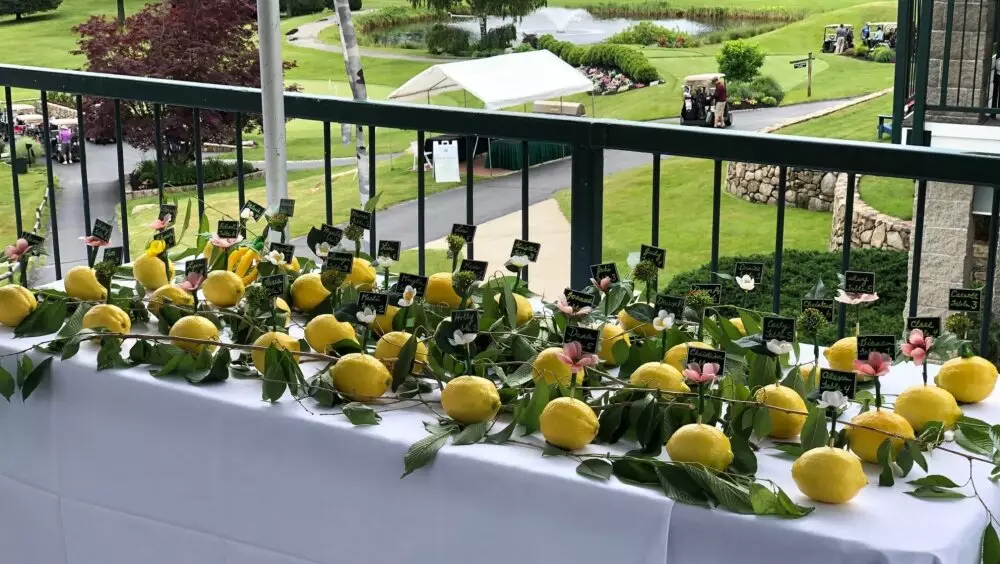 Decorated table for corporate event with lemons on it