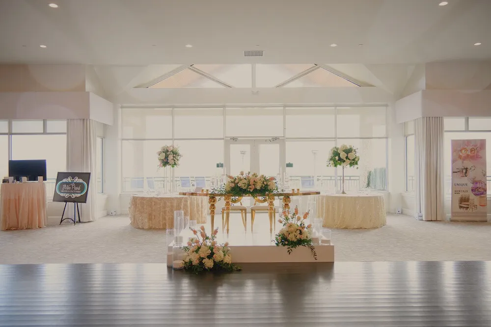 Floral arrangement on table overlooking the golf course