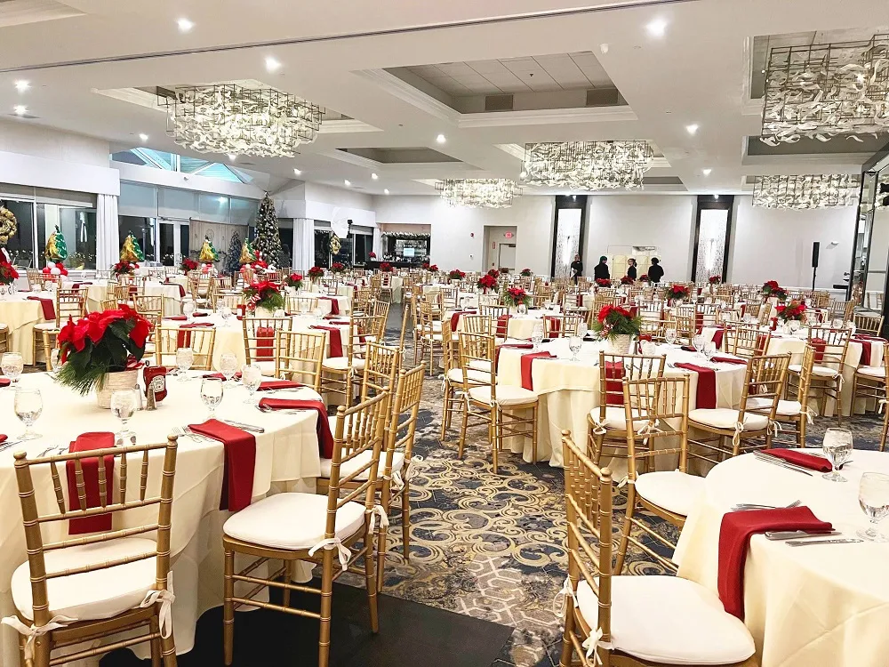 Kirkbrae grand ballroom decorated for an upcoming corporate holiday party